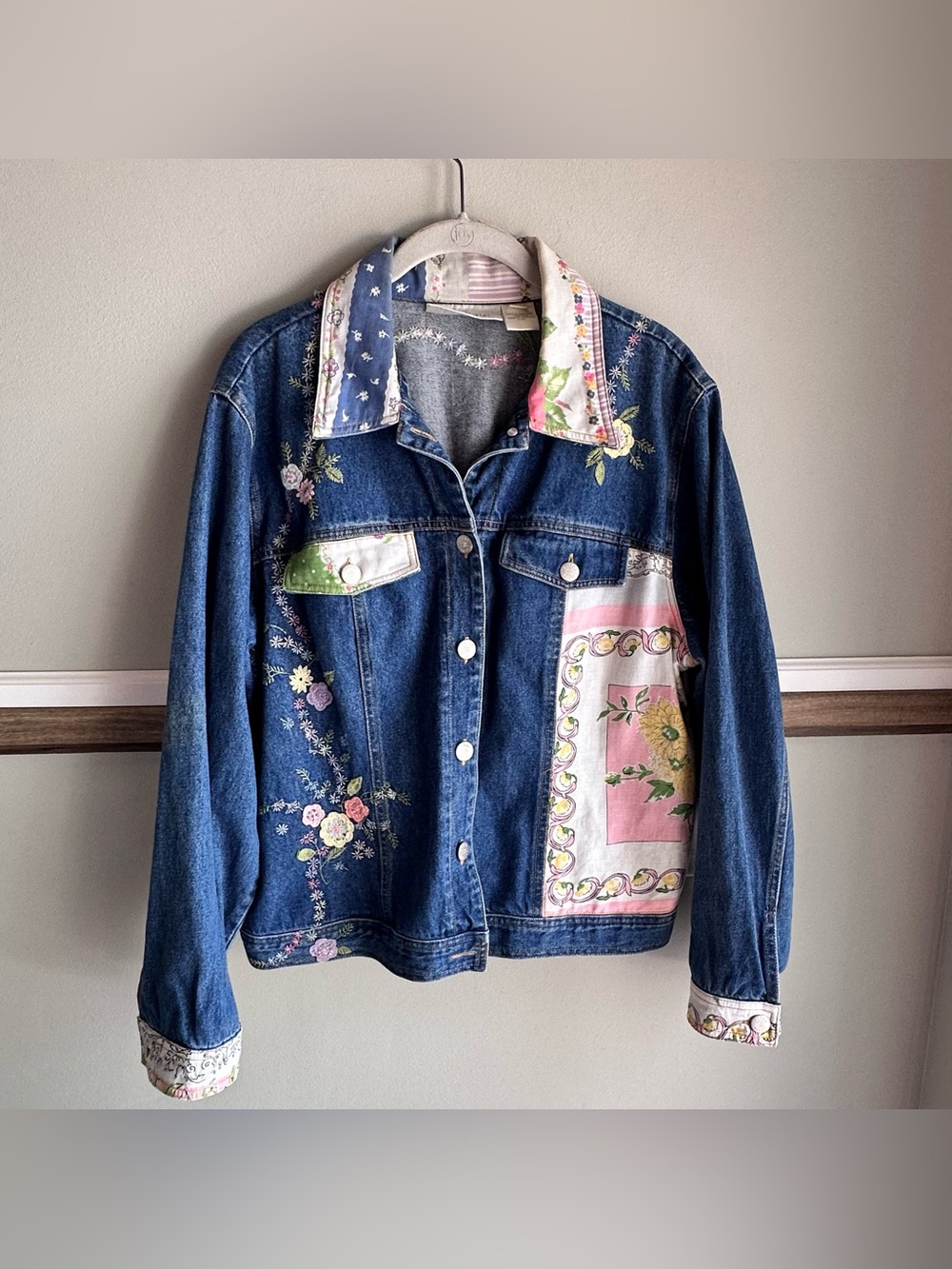 Susan Bristol Floral Embroidered Patchwork Denim Jacket boho cottagecore - Picture 1 of 4